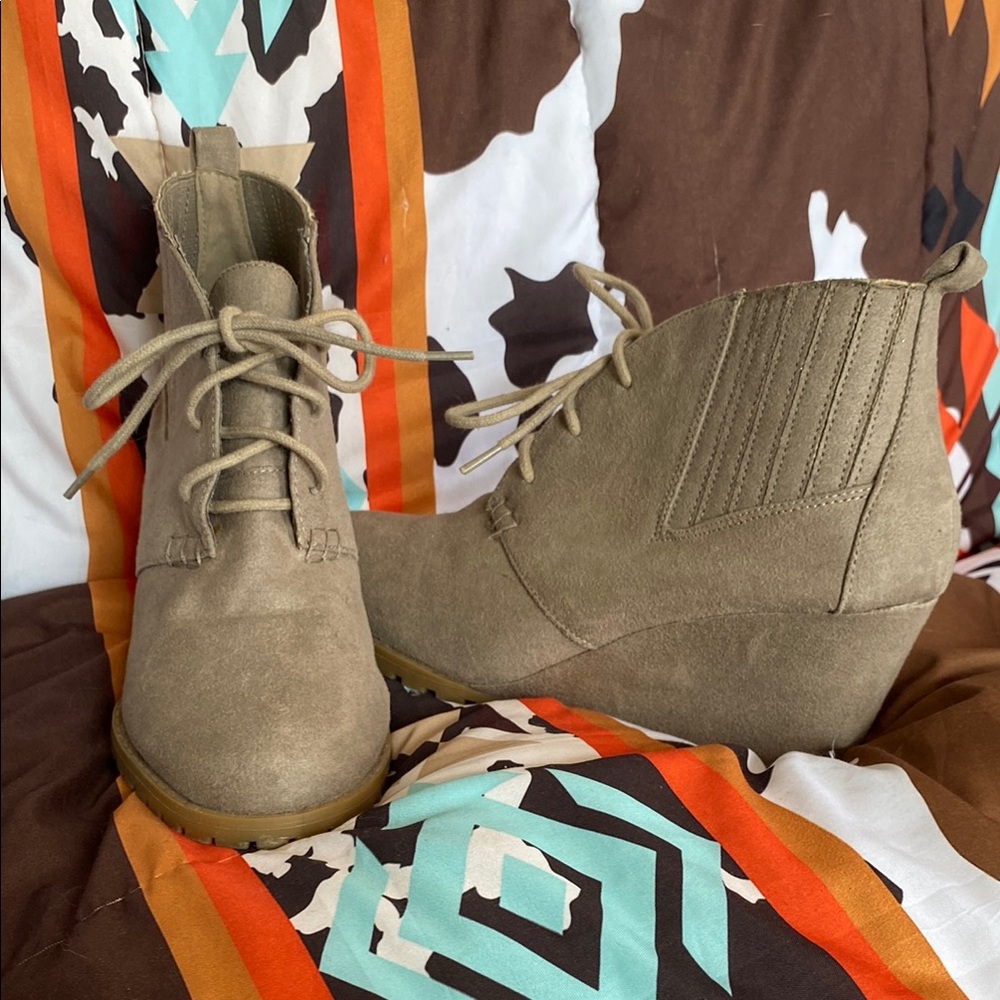 Tan Lace Up Boots with Wedge Heel